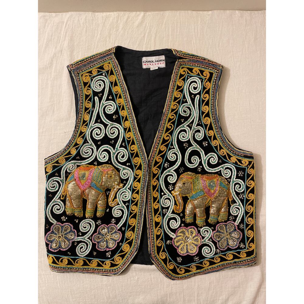 Carol Horn Workshop Vintage Hand Embroidered Elephant Vest Sequined Size M/L